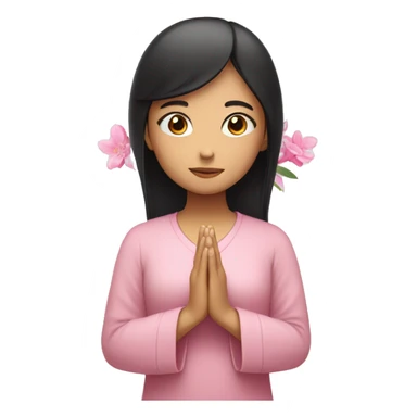 asian girl with black straight hair praying with pink flora  sticker