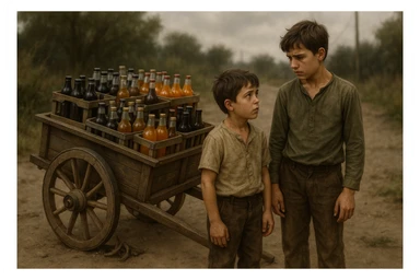 Bir g'ildiragi singan ichimliklar ortilgan arava uning yonida aka uka bir biriga havotirli nigoh bilan qarab turibdi realistik uslubda sticker