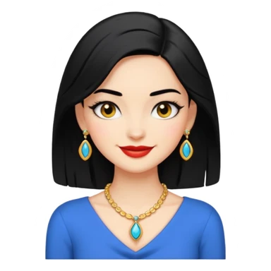 A confident, stylish female cartoon character with black hair, sly smile, flirtatious eyes, elegant pose, jewelry hints, minimalist, high-contrast colors, designed as a small, bold emoji icon. sticker