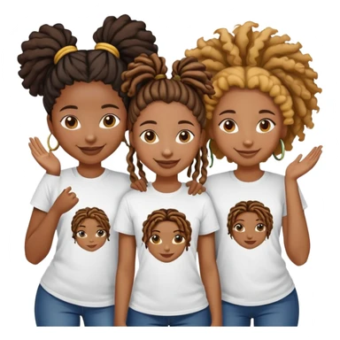 Can you make an emoji of 3 black girls 2 with locs 1 with a curly ponytail smiling wearing tshirts that says AIC sticker