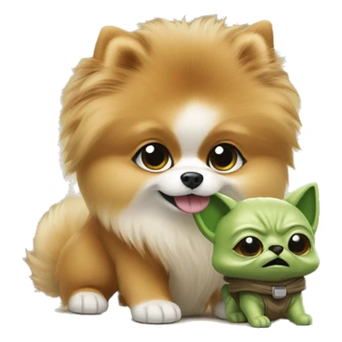 Pomeranian playing with yoda plush sticker