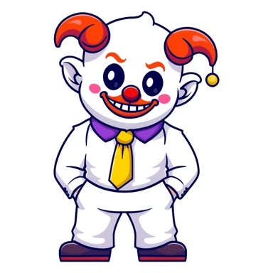 full-body demonic clown in a white leisure suit with bellbottom pants, bald, black ram horns, flashy belt, ruffled shirt, colorful tie, no elevator shoes sticker