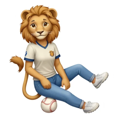 confident anthropomorphised female lion wearing a baseball shirt, jeans, and trainers, helping someone up after a fall, showing kindness sticker