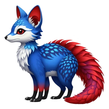 Feral Rare Fantasy vibrant tropical exotic cobalt-blue-crimson-red-black-white-yellow-gradients, Vernid-Trico-species-creature by LiLaiRa, random markings, tufted tail, tufted ears, full body sticker