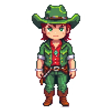 Cowboy character with green outfit and hat, western style sticker