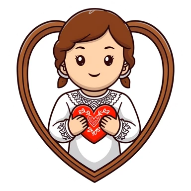 Beautiful young girl with brown hair in a white Ukrainian embroidered shirt holding a large embroidered heart sticker