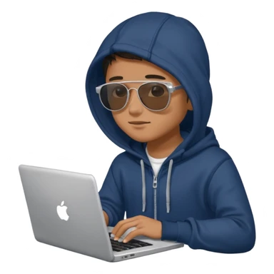 boy with sunglasses and a hoodie sitting with a laptop sticker