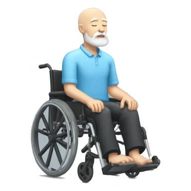 a sleeping bald old man with white beard, black shorts, light-blue shirt, on a wheelchair sticker
