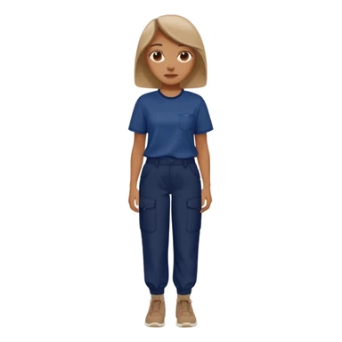 woman wearing baggy clothes - shirt = brown pants = Navy blue  sticker