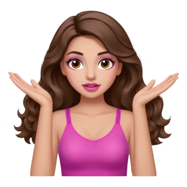 girl with long wavy brown hair, brown eyes, long lashes makeup, sexy pink lips, light to medium complexion, pink sexy top, two hand up shrugging sticker