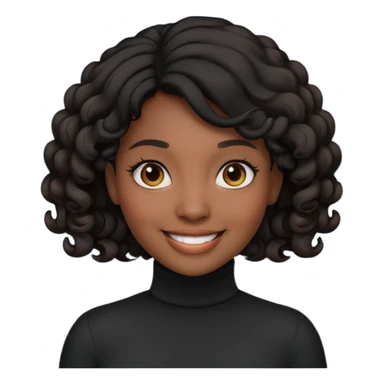 Create a custom emoji-style character inspired by a smiling black woman with curled black hair, dark skin tone, dark eyes, and wearing a turtleneck.  sticker