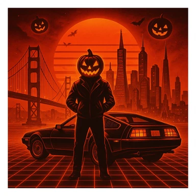 Make the head of the person a halloween pumpkin, make the entire image feel like Halloween retro, make the cityscape san francisco sticker