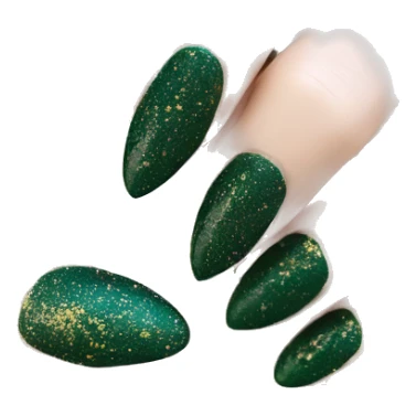 Dark green almond shaped finger nails with gold glitter sticker