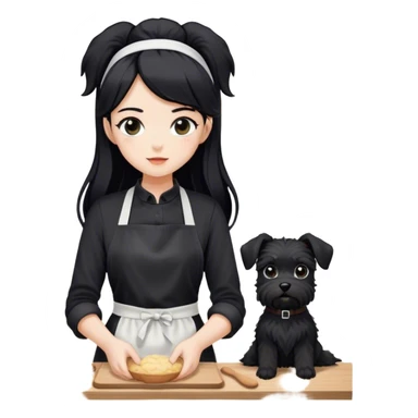 pale girl with long black hair wearing black long sleeve tshirt wearing apron and baking holding black floppy ear schnauzer no tail sticker