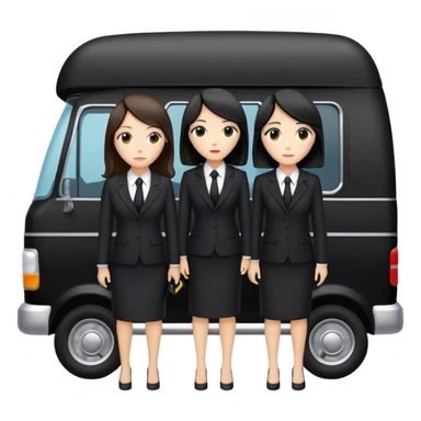 2 woman in a suit. One is brunett and one has black hair standing in front of a black funeral van with a stretcher with a body bag on it  sticker
