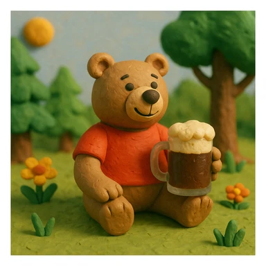 cartoon bear in a red t-shirt sitting on grass in a sunny forest clearing on a clear summer day, holding a glass mug of kvass with foam sticker
