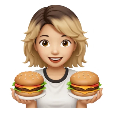create a humongous asian girl with 2 burgers and a cookie in her mouth sticker