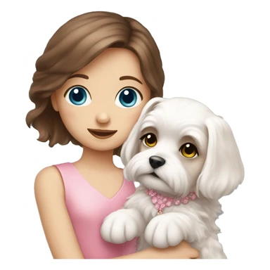 Brown hair blue eyes girl with maltese puppy with pink dress sticker