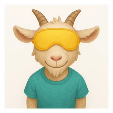 a goat with yellow sleep mask and wearing shirt, front view,  Frontal Top-Down Soft Light, white background, portrait, casual cartoon stylized sticker