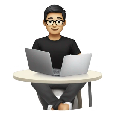 a asian human, wear glasses, black t shirt, is working on a laptop with a cup of coffee sticker