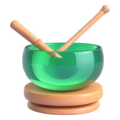 green crystal singing bowl with a mallet in it, highly detailed, glassy and reflective sticker