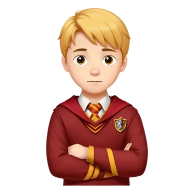 A teenage boy slightly to the side looking forward with crossed arms wearing the Gryffindor uniform sticker