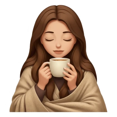 long brown hair woman closed eyes hiding under a cozy wool beige blanket, holding cup of coffee, autumn mood sticker