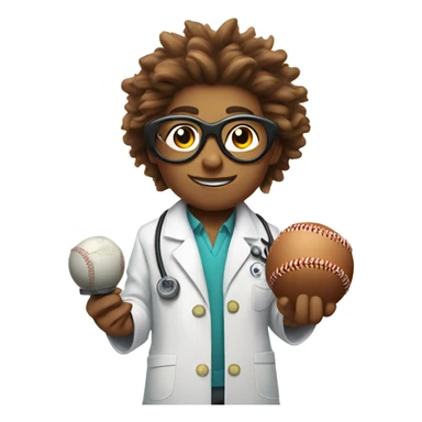 cartoon scientist with wild hair, wearing a lab coat and goggles holding a baseball players swine sticker