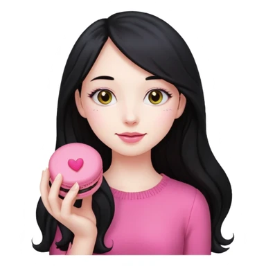 pale girl with long black hair holding a pink macaron, emoji style sticker