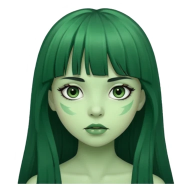 queria um emoji de zumbi verde de uma garota, olhos pretos, cabelos escuros e longos, com uma franja acima da sobrancelha  sticker