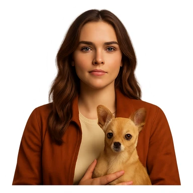 Portrait centered for Instagram profile picture, inspired by the facial features visible in the reference images, with tanned skin and subtle freckles, wearing a shirt color #FFF8CA and a rust-colored jacket, medium-length brown hair with auburn highlights, proud and confident expression, holding a beige-brown chihuahua, Netflix series style, transparent background, intimate Tenerife ambiance. sticker
