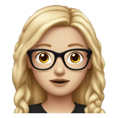 Hyperrealistic white girl with long blush hair with black glasses on, she is wearing a bla sticker