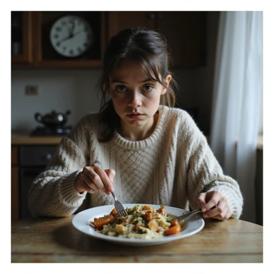thin young woman pushing food around her plate with a fork, dark circles under her eyes, wearing an oversized sweater emphasizing frail frame, kitchen clock in background showing 3PM, cold uneaten dinner on table, natural light highlighting hollow cheeks, hyperrealistic 4K details sticker