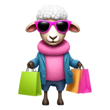 Diva pink sheep with sunglasses holding two shopping bags sticker