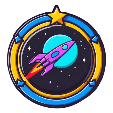 achievement medal for Star Citizen Hathor activity, cartoon-inspired, includes a star and spaceship, sci-fi, colorful and fun sticker
