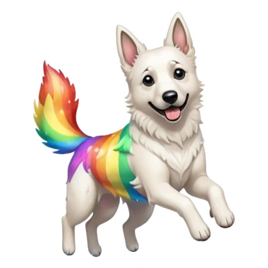 White belgian Shepard jumping over Rain puddles. There is a rainbow in the sky sticker