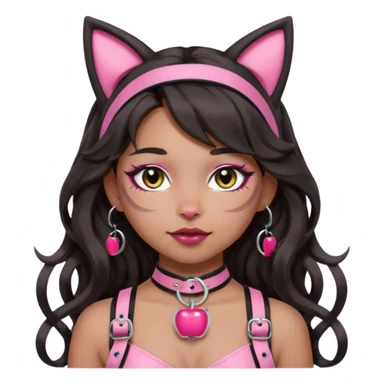 Make the makeup more natural and subtle, not bold. Keep the silver O-ring, bangs, light-medium Hispanic skin, long dark wavy hair, cat ears, and pink BDSM-inspired harness. Apple emoji style. sticker