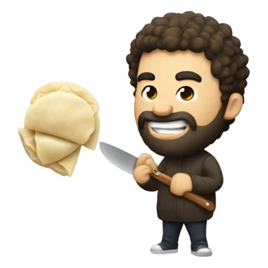 Hairy man eating dumplings with a knife but no fork sticker