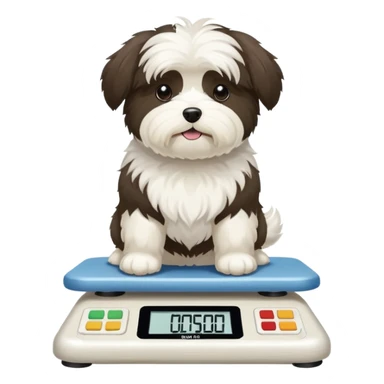 White havanese dog stepping on a scale that reads “:( fat :(“ sticker