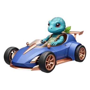 dark crystal blueberry and rosegold-accented cyber faceted-body electric drift-racing car driven by a small cute smoking relaxed turtle with rear spoiler, roll bar, and wheely bar sticker