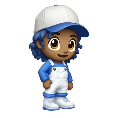 Black messy hair, white overalls, blue long sleeve shirt, Blue eyes, Brown shoes, white gloves, S in the blue cap logo, Smg4, Tan sticker