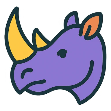 stylized rhinoceros head icon, large horn, curved snout, small ears, modern icon style sticker