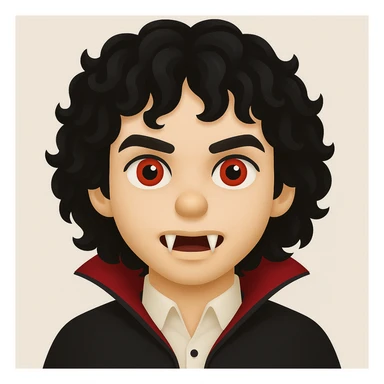 Create an image of a vampire boy with medium-length curly black hair and more prominent fangs in an emoji style. The style should resemble emoji aesthetics but use the general editing model for best results. sticker