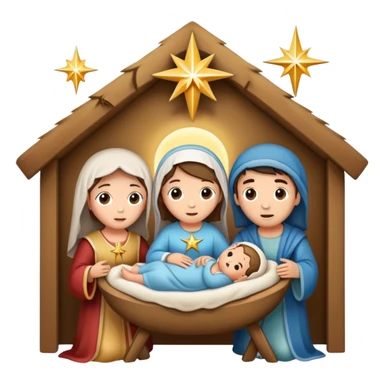 Nativity scene with baby Jesus in a manger, Mary, Joseph, and star above sticker