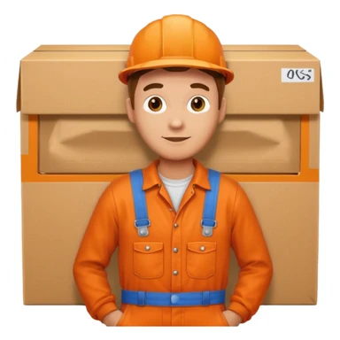 man orange overalls carrying a large box in front of him sticker