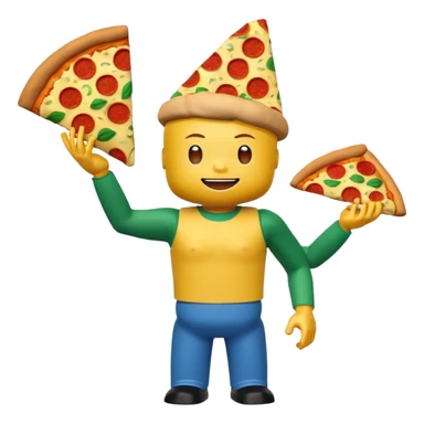 A roblox avatar yellow head arms blue troso green legs and a whole pizza on his head sticker