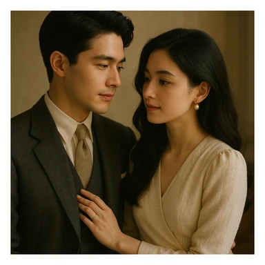 gentle and romantic couple with black hair, old money style, elegant clothing, subtle luxury, soft lighting sticker