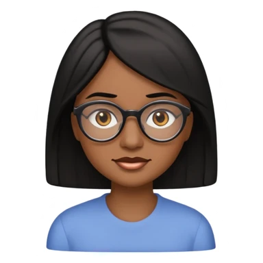 A woman emoji with medium-dark skin, straight shoulder-length black hair parted to the side, an oval-shaped face, arched dark eyebrows, large brown eyes with glasses, a small nose, and natural-toned lips. sticker