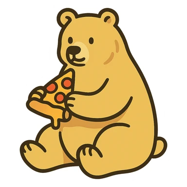 flat toon style blonde grizzly bear sitting, full body, holding a slice of cheese pizza sticker