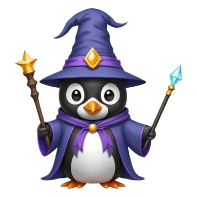 penguin wearing wizard hat and robe holding magic wand sticker